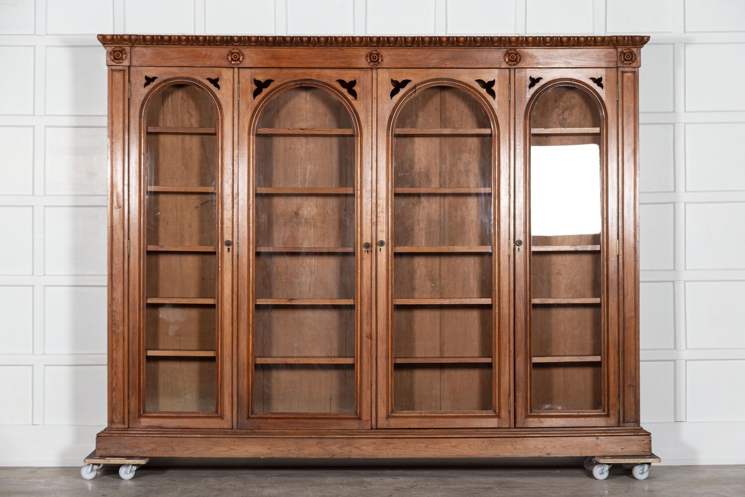 Monumental 19thC English Pine Arched Glazed Bookcase