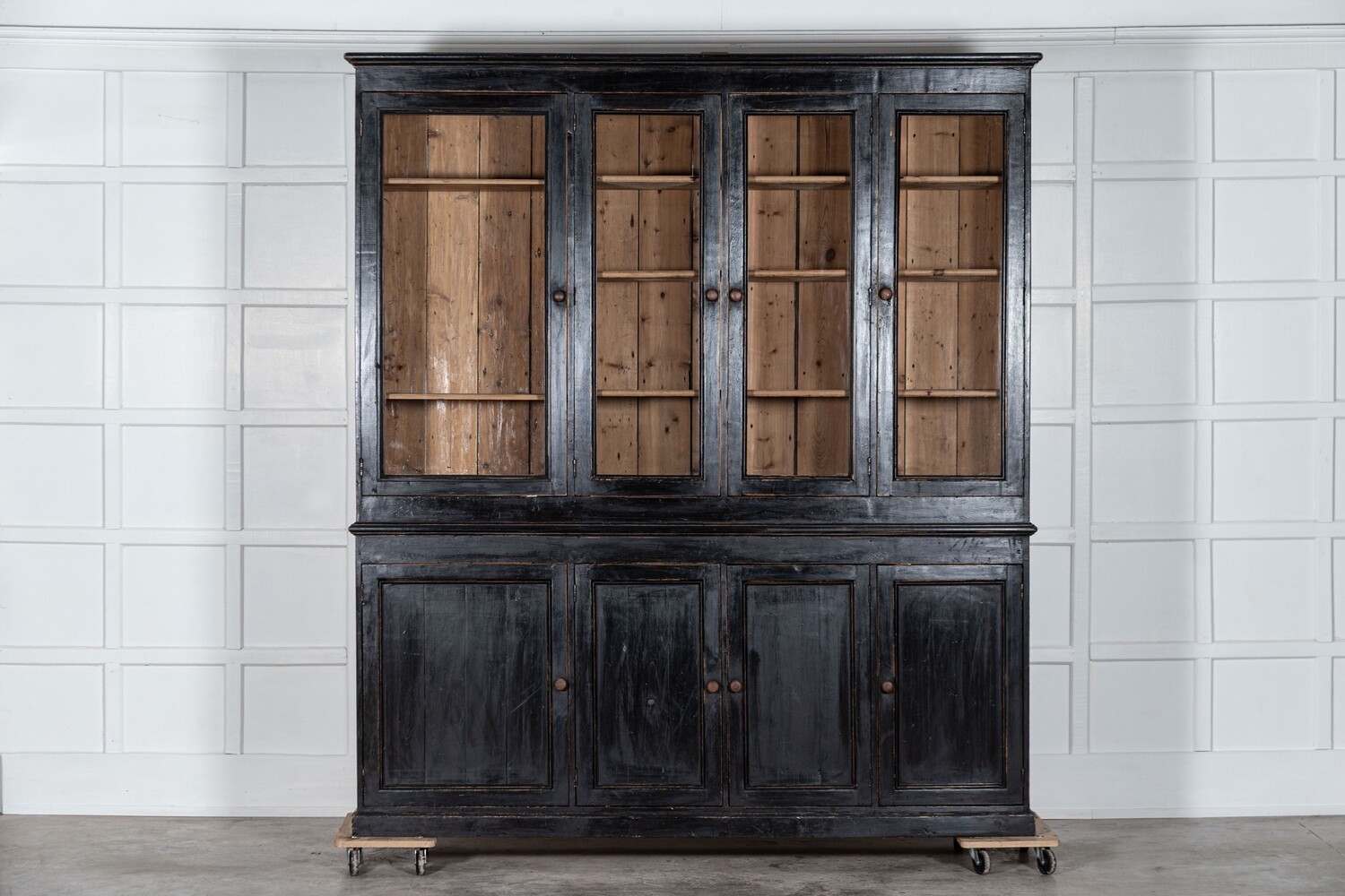 Large 19thC English Ebonised  Pine Glazed Housekeepers Cabinet