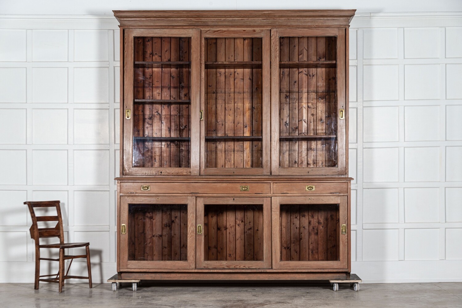 Large 19thC Scottish Pine Glazed Bookcase / Display Cabinet