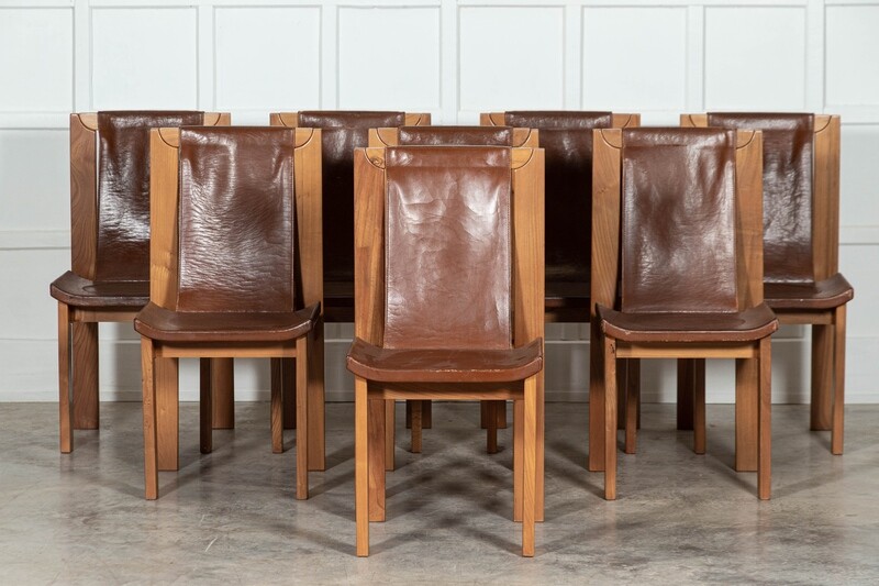 Set 8 French Roland Haeusler Elm & Leather Brutalist Chairs
