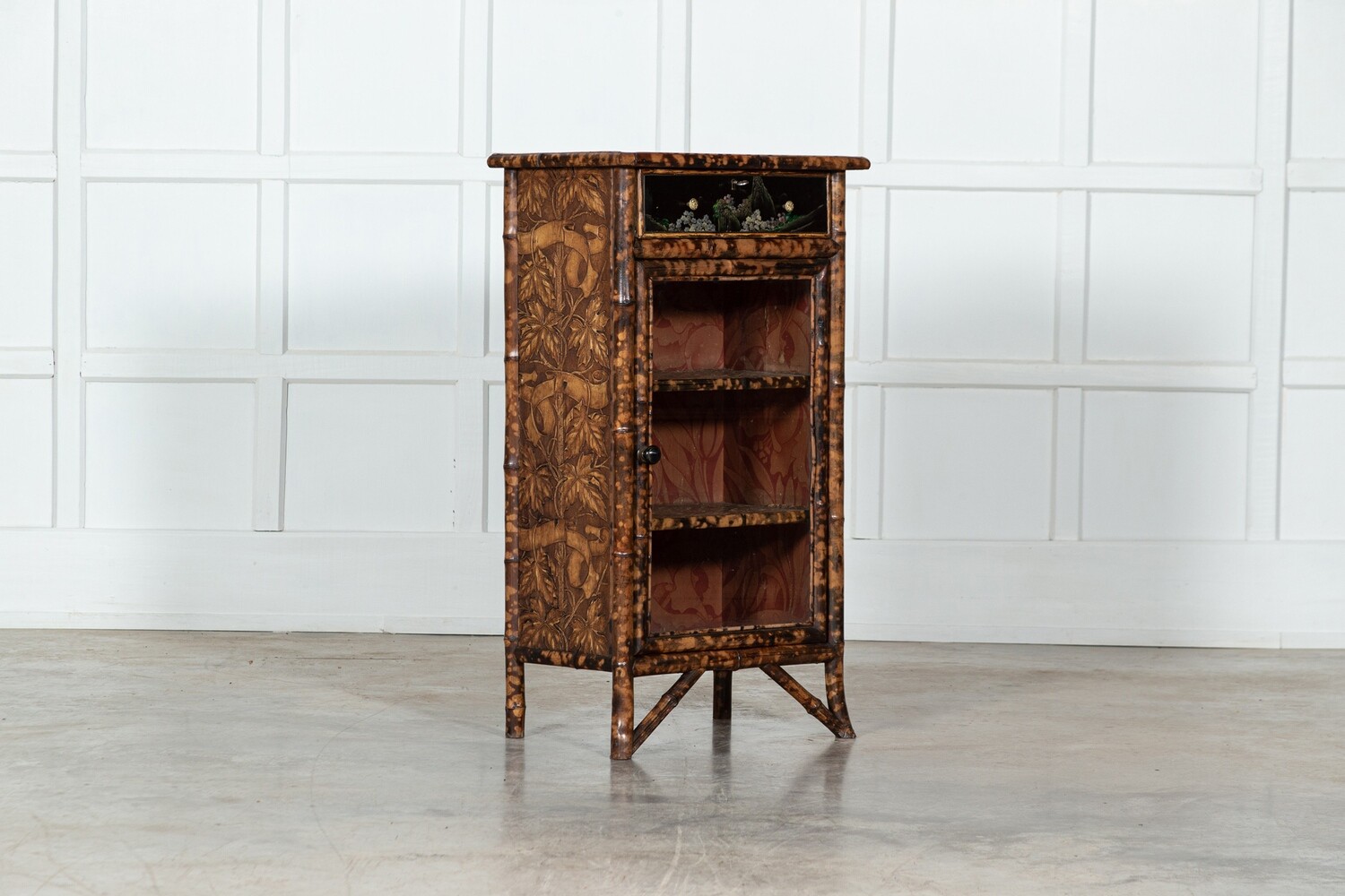 19thC English Chinoiserie Lacquered Bamboo Glazed Cabinet