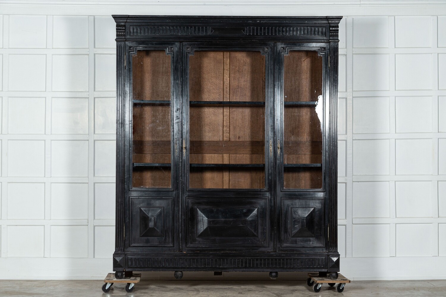 Large 19thC French Ebonised Oak Glazed Bookcase Cabinet