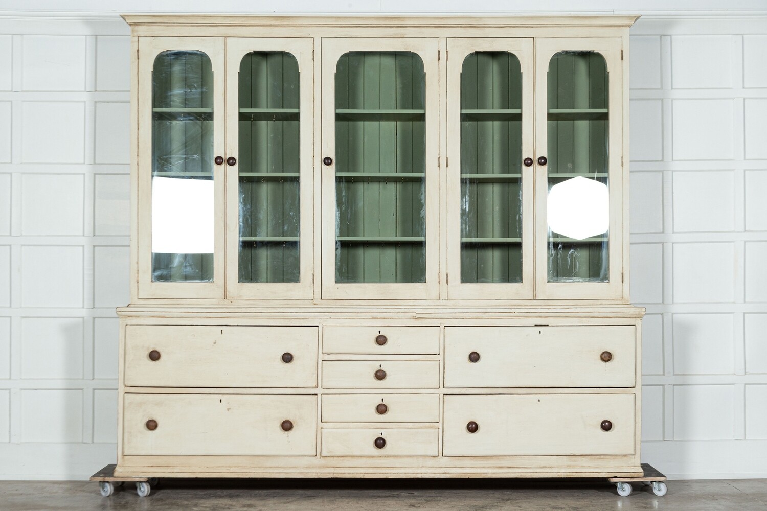Monumental 19thC English Painted Glazed Pine Housekeepers Cupboard