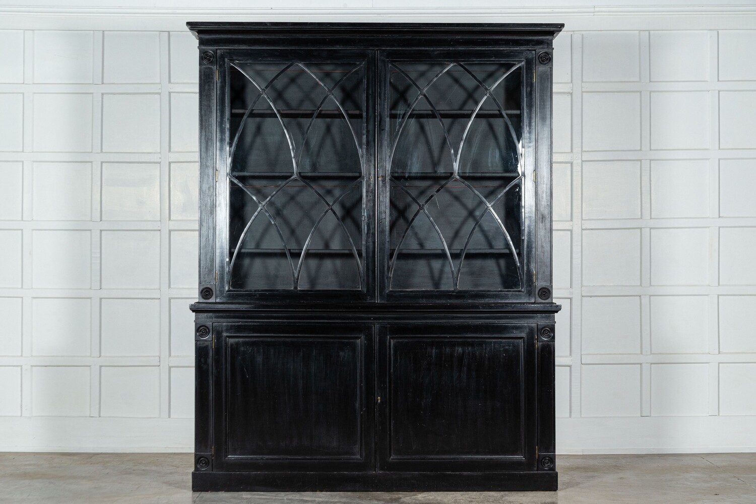 Large 19thC English Astral Glazed Ebonised & Lacquered Bookcase Cabinet
