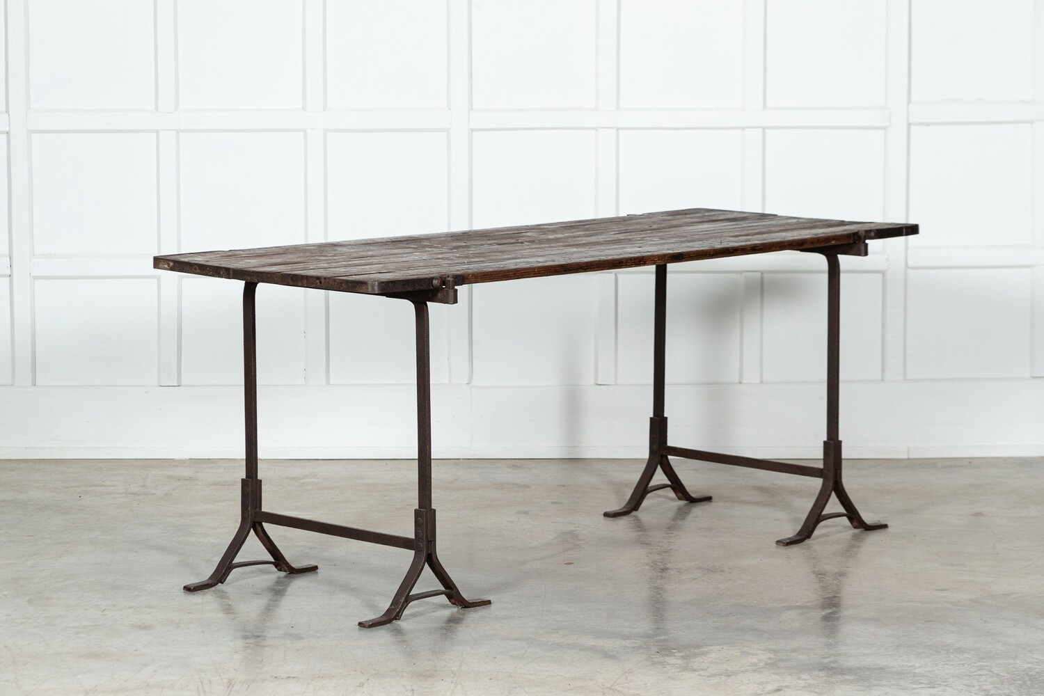 19thC Iron & Pine Trestle Table