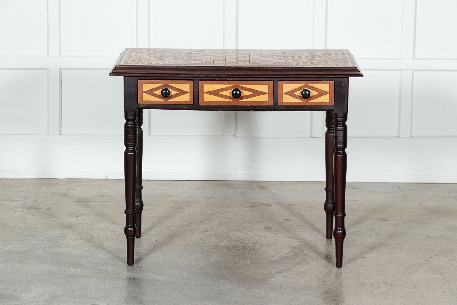 19thC English Fruitwood Parquetry Games Table