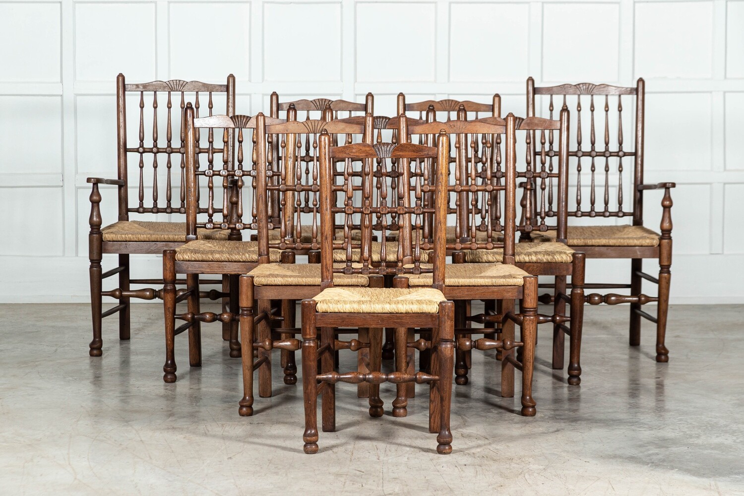 Set 10 English Bobbin Oak & Ash Rush Dining Chairs