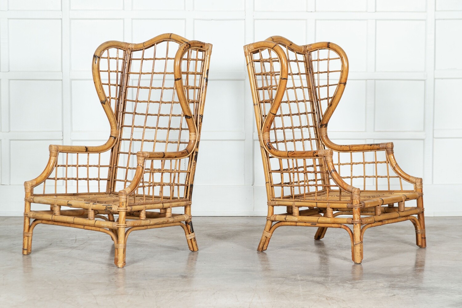 Pair English Bamboo Wingback Armchairs