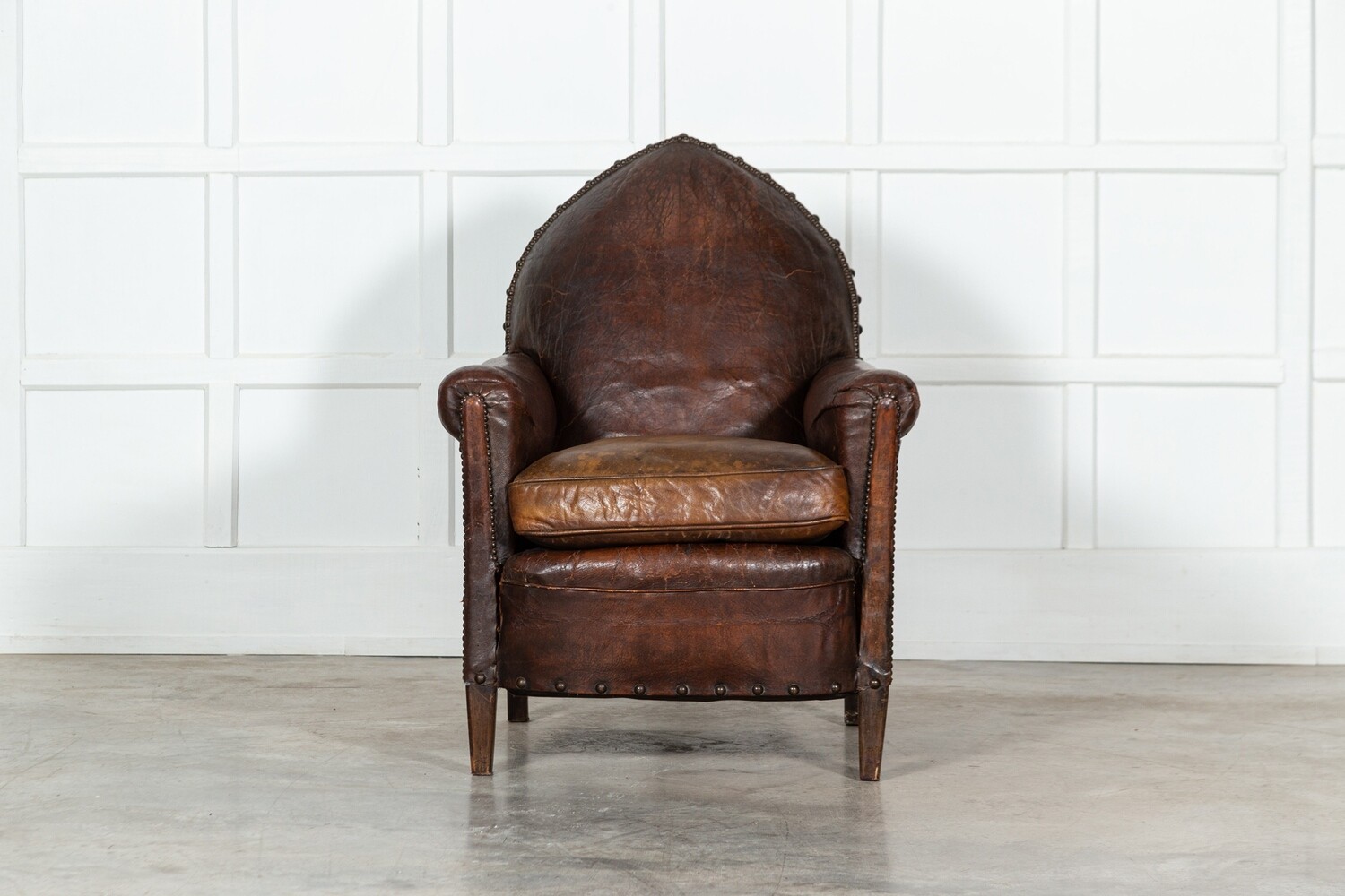 19thC English Gothic Leather Armchair