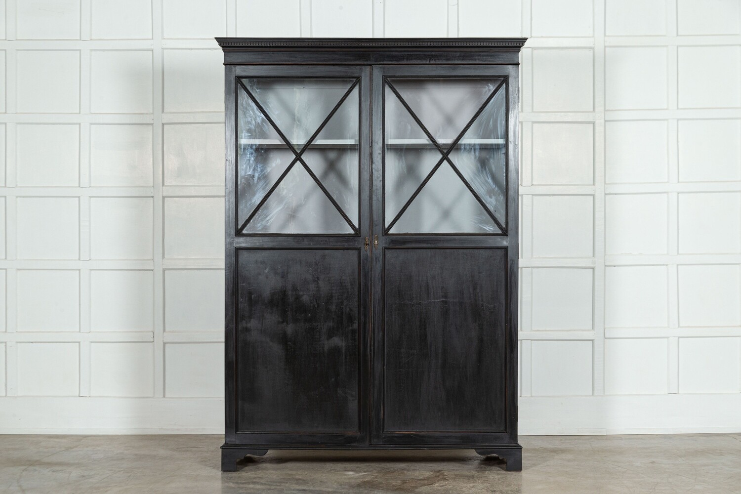 19thC Irish Ebonised Glazed Mahogany Linen Press