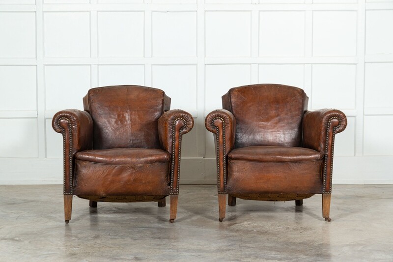 Pair French Sprung Leather Club Armchairs