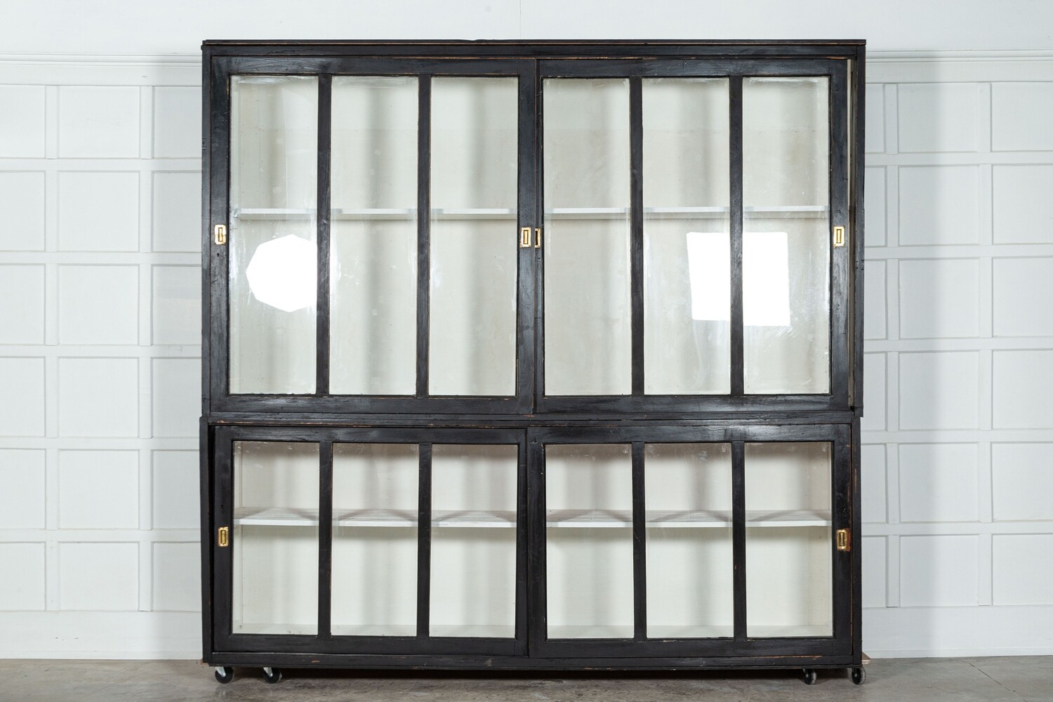 Monumental Ebonised Glazed Pine Housekeepers Cabinet