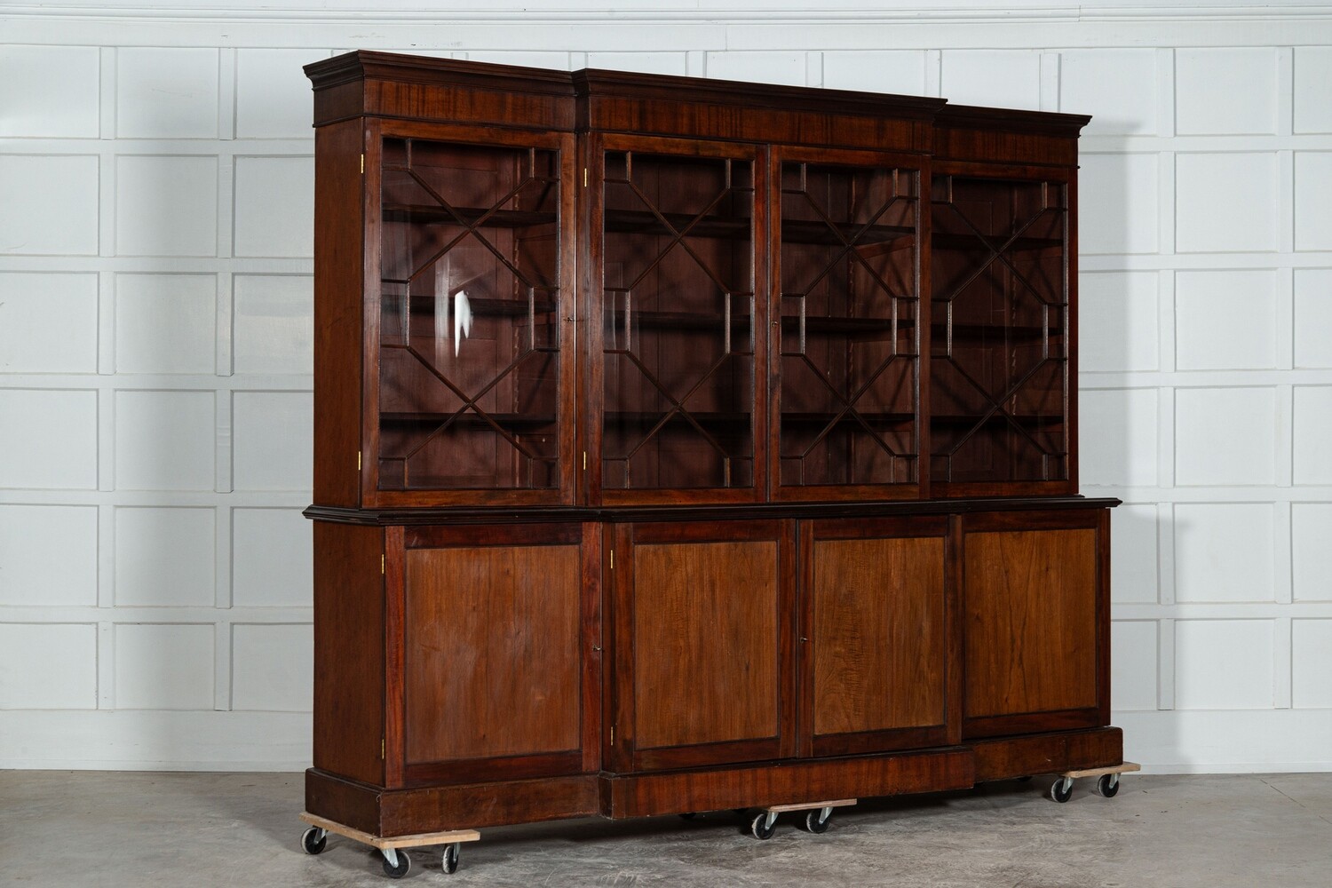 Large 19thC English Mahogany Astragal Glazed Breakfront Bookcase