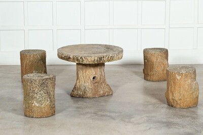 French Faux Bois Stone Garden Table & Stools Set