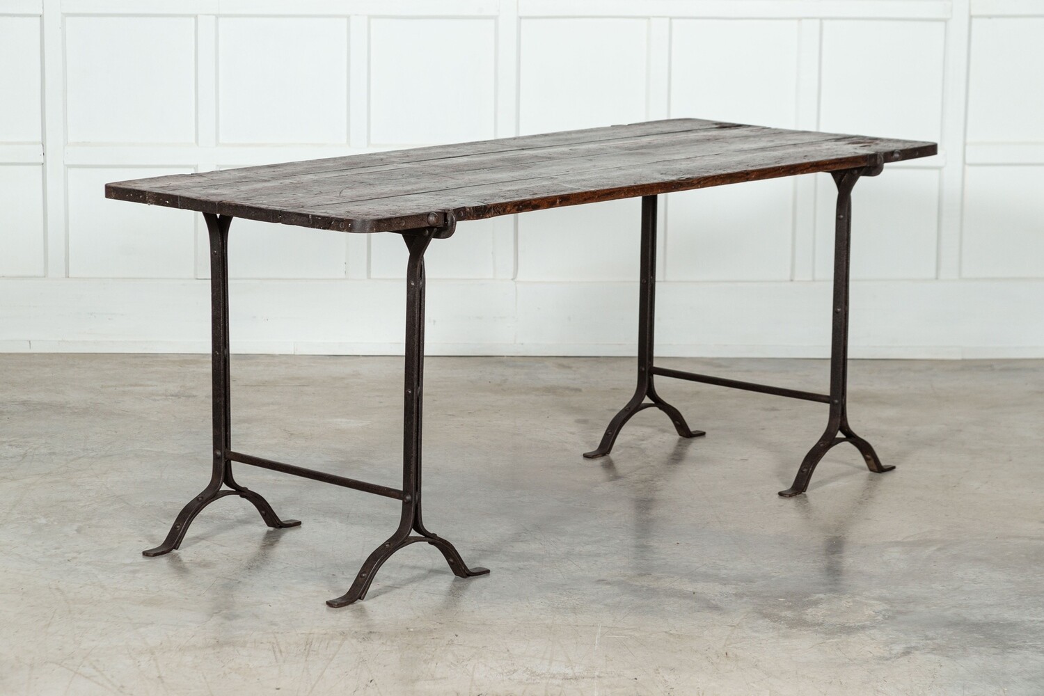 19thC Iron & Pine Trestle Table
