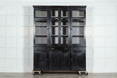 19thC English Ebonised Pine Breakfront Housekeepers Cabinet