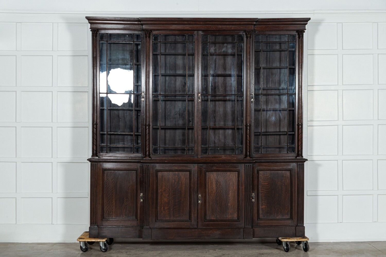 Large 19thC English Oak Glazed Breakfront Bookcase