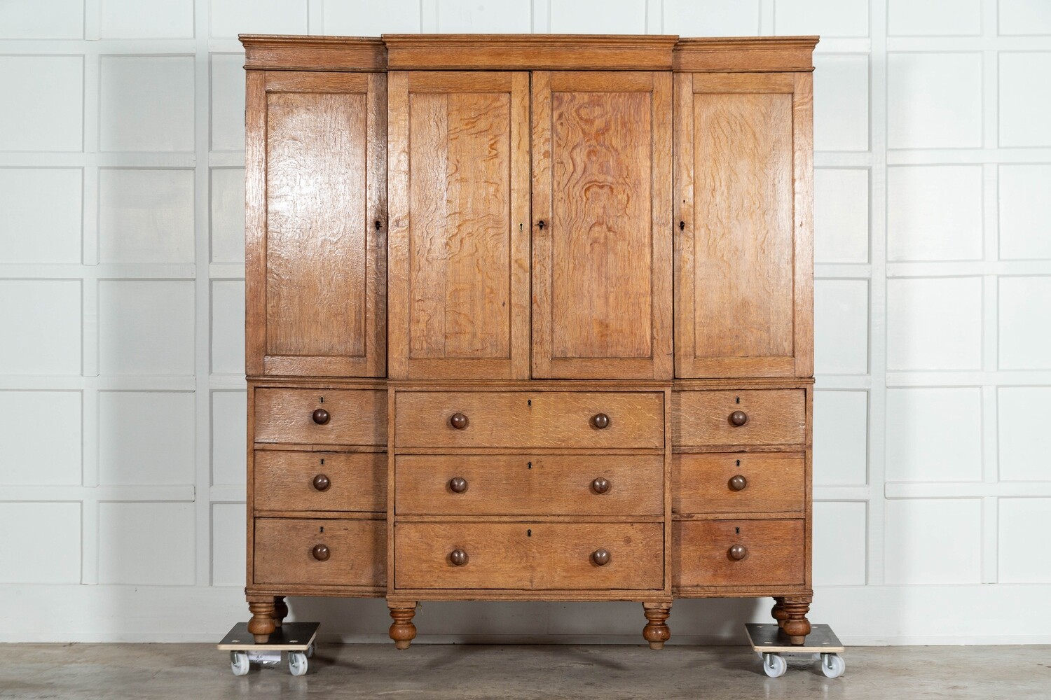 Large 19thC English Oak Breakfront Linen Press