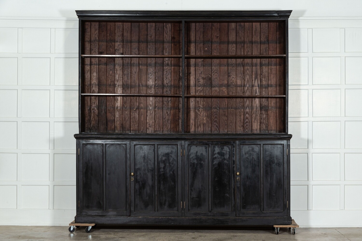 Monumental English Ebonised Beech Bookcase Cabinet