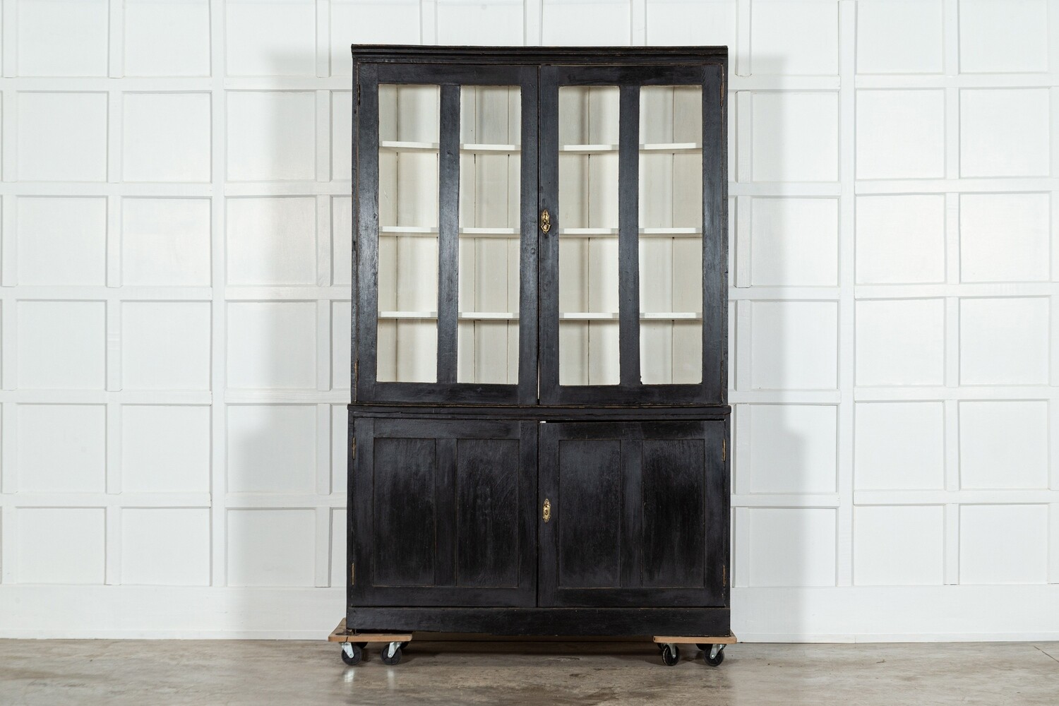 19thC English Ebonised Glazed Oak Housekeepers Cupboard