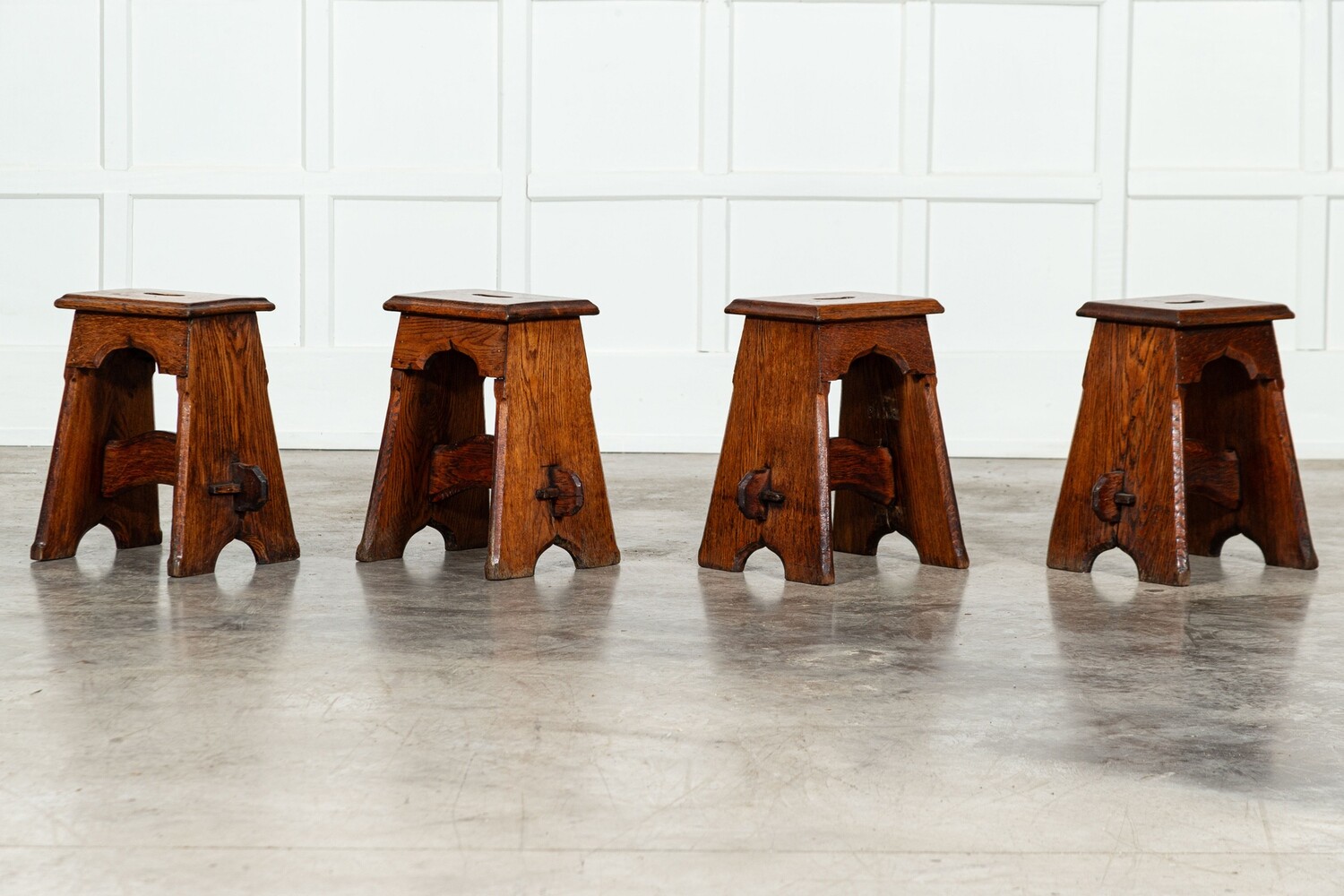 Set x4 19thC English Oak Carved Stools / Side Tables