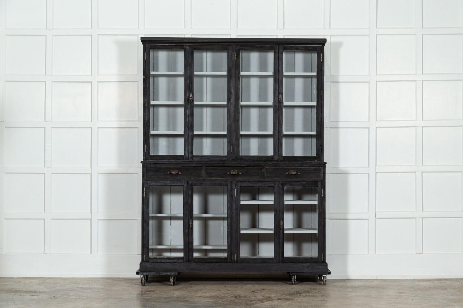 Large 19thC English Ebonised Pine Glazed Dresser / Bookcase