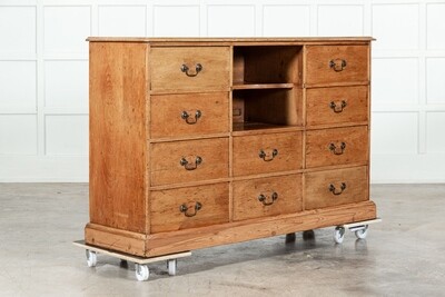 19thC English Pine Bank Haberdashery Drawers / Counter