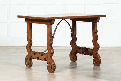 19thC Spanish Fruitwood Inlaid Trestle Table