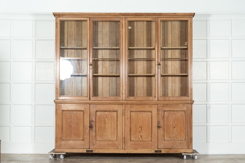Monumental English Pine Glazed Bookcase Cabinet