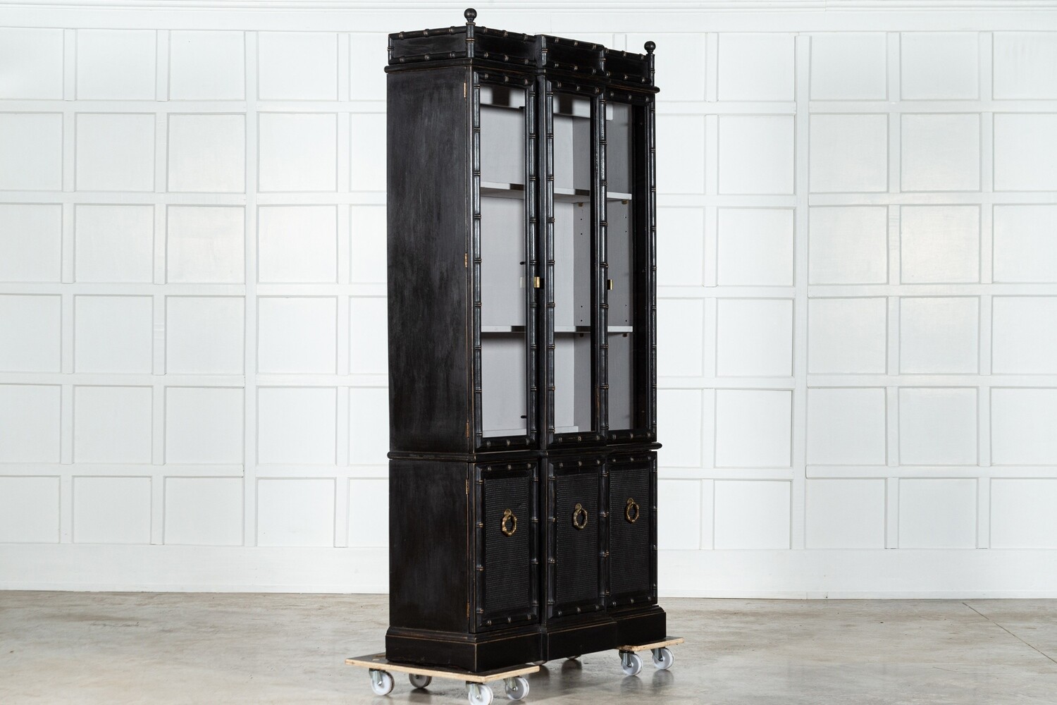 French Ebonised Faux Bamboo Beech Glazed Breakfront Bookcase / Vitrine