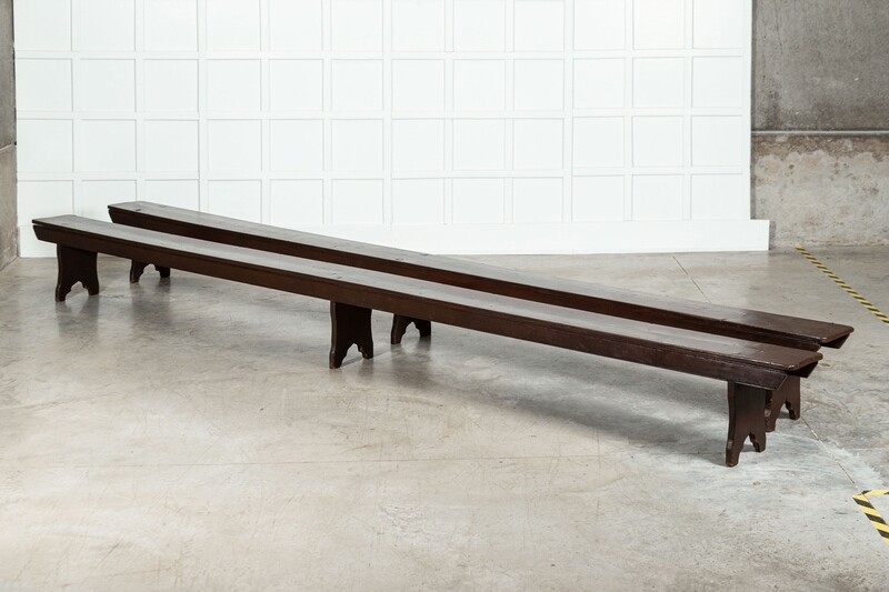 Pair 19thC Monumental English Convent Pine Benches