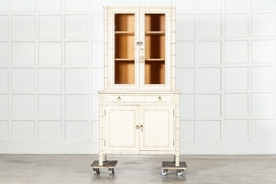 French Painted Faux Bamboo Beech Glazed Breakfront Bookcase / Vitrine