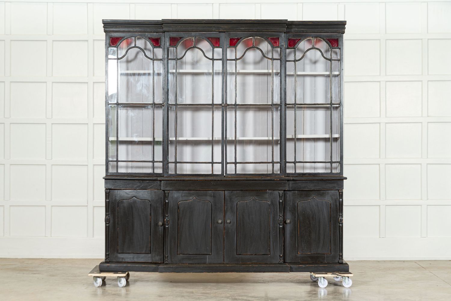 Large 19thC English Ebonised Breakfront Glazed Pine Dresser