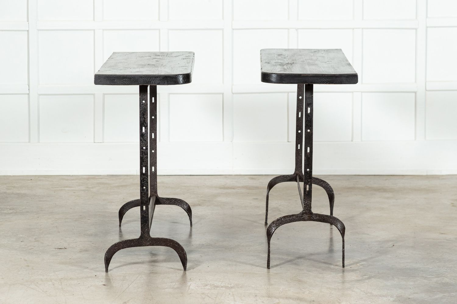 Pair English Wrought Iron Pine Console Tables