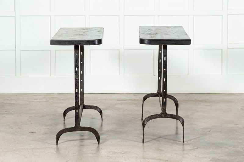 Pair English Wrought Iron Pine Console Tables