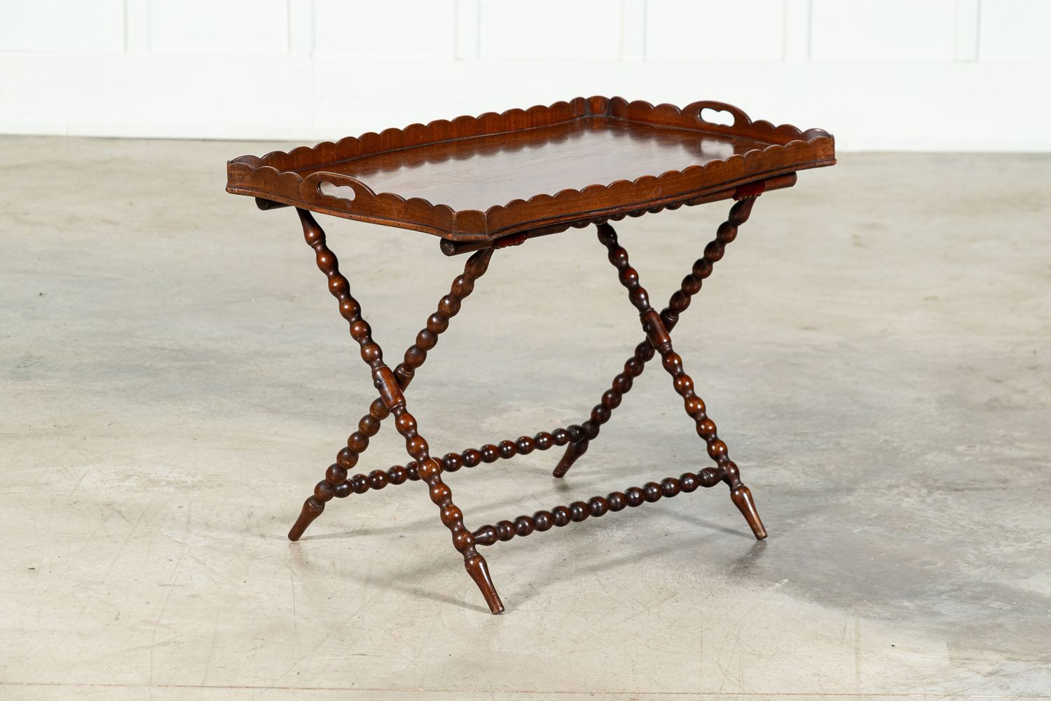 19thC English Mahogany Bobbin Butlers Tray & Stand