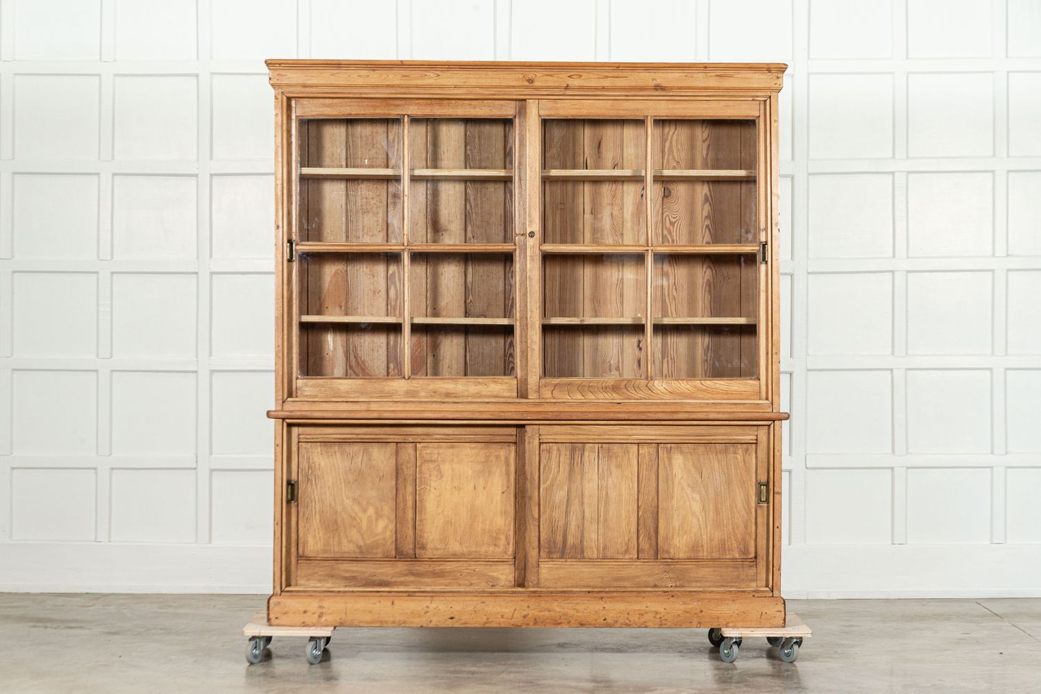 Large English Ash & Pine Glazed Bookcase Cabinet