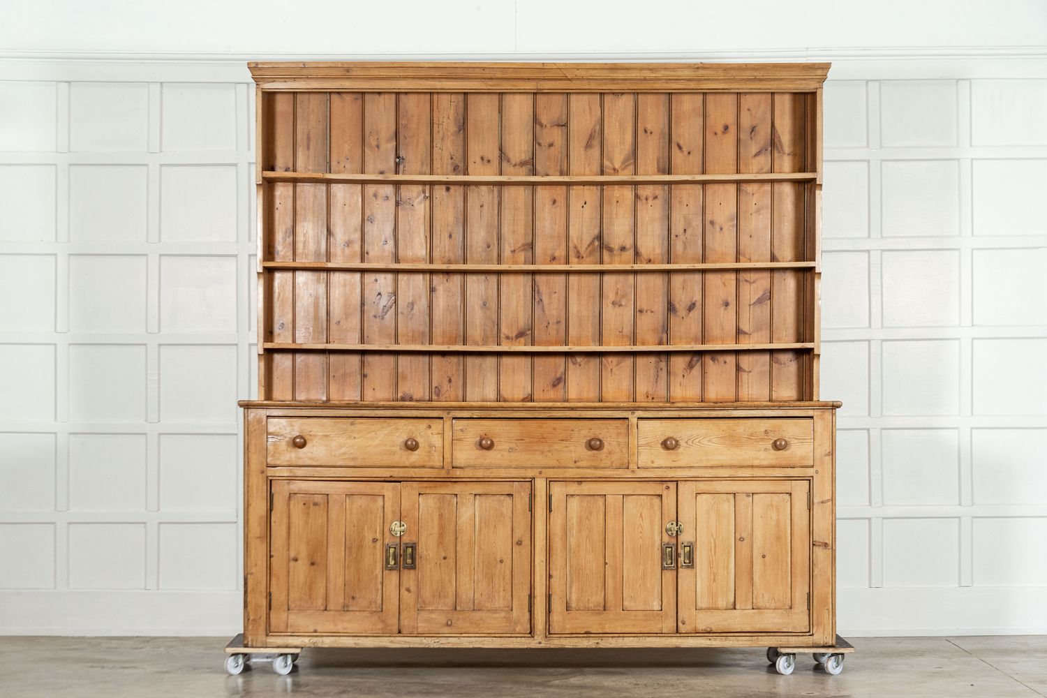 Monumental English 19thC Pine Waterfall Dresser