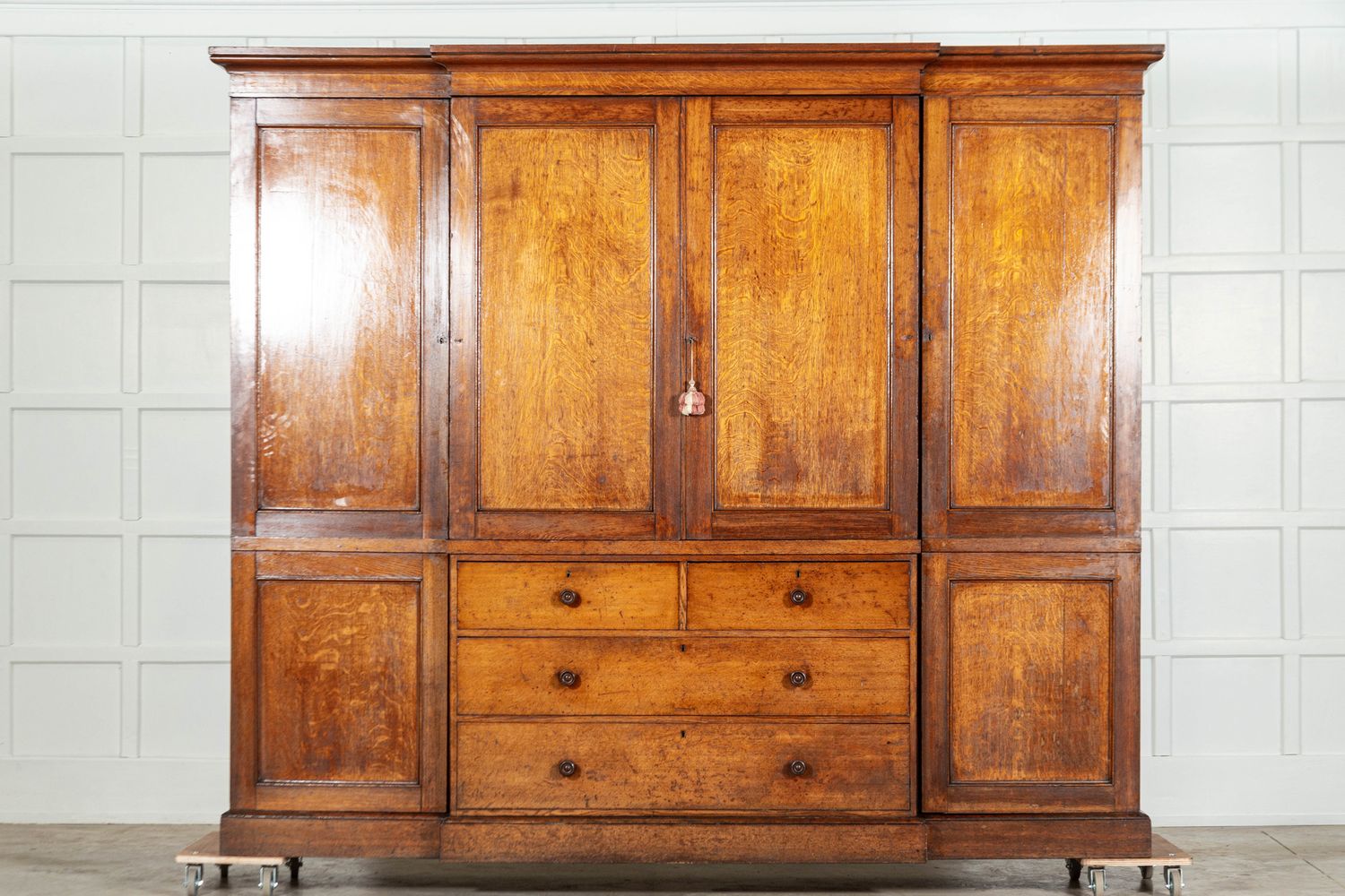 Monumental 19thC English Oak Breakfront Linen Cupboard