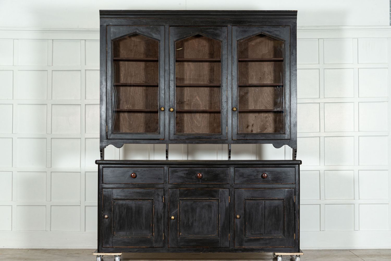 Large 19thC Ebonised English Glazed Pine Dresser