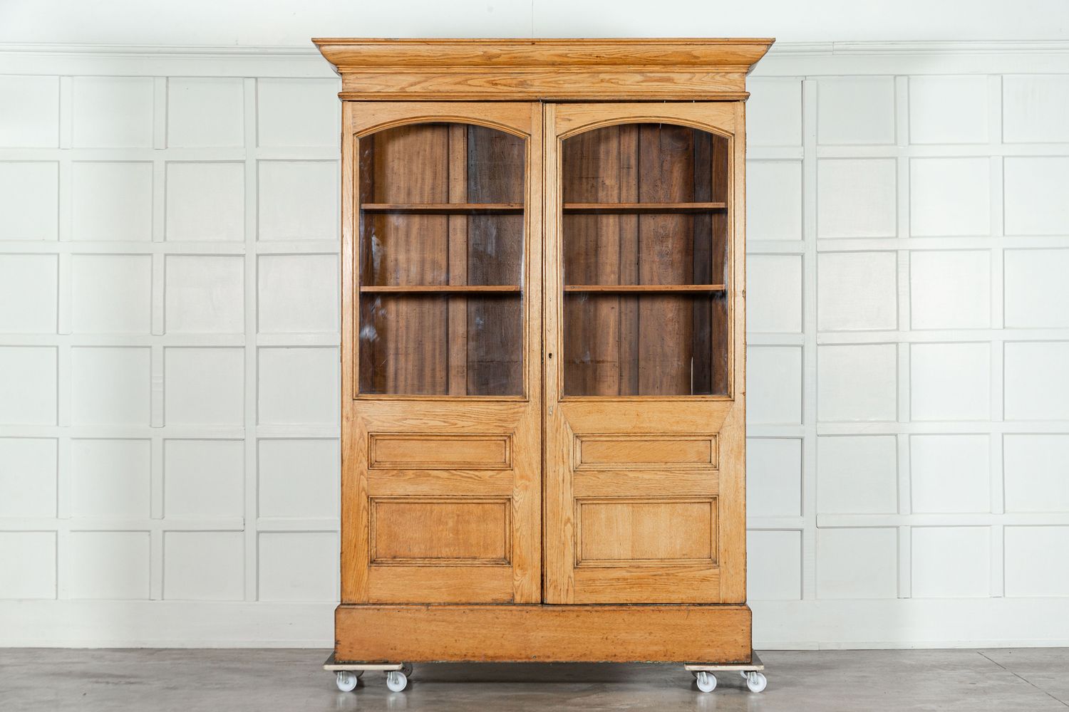 Large English Oak Glazed Bookcase Cabinet