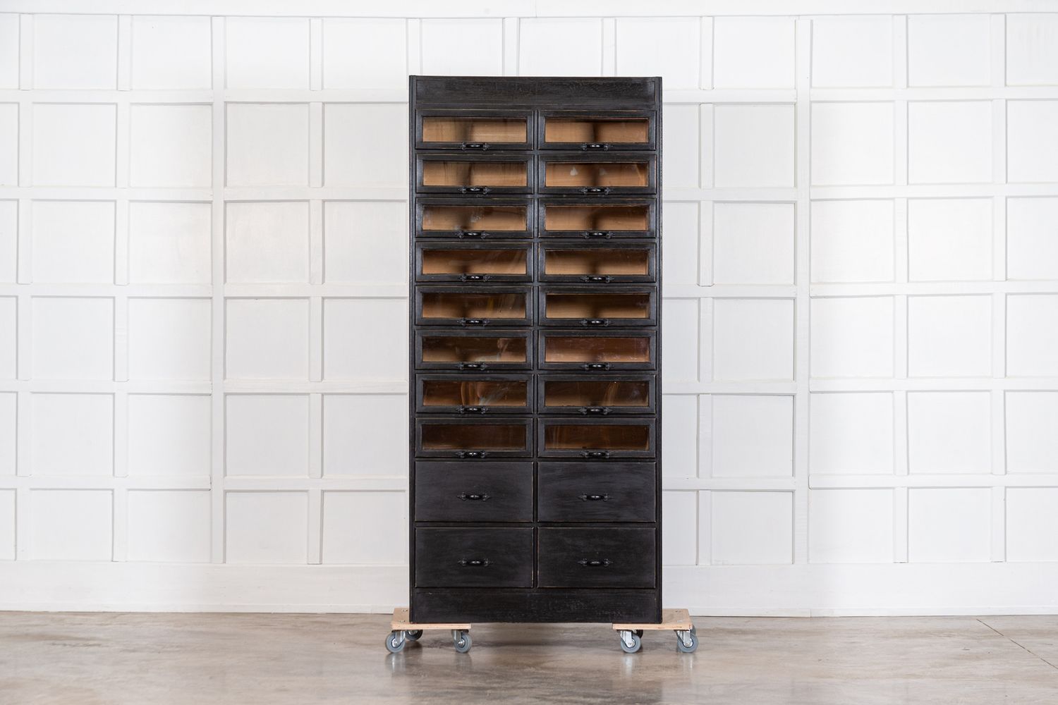 1920's Painted Haberdashery Cabinet with Glass Drawers.