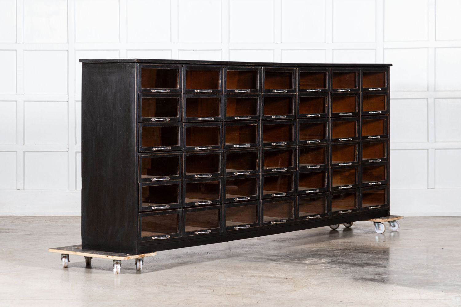Monumental English Ebonised Pine Glazed Haberdashery Drawers
