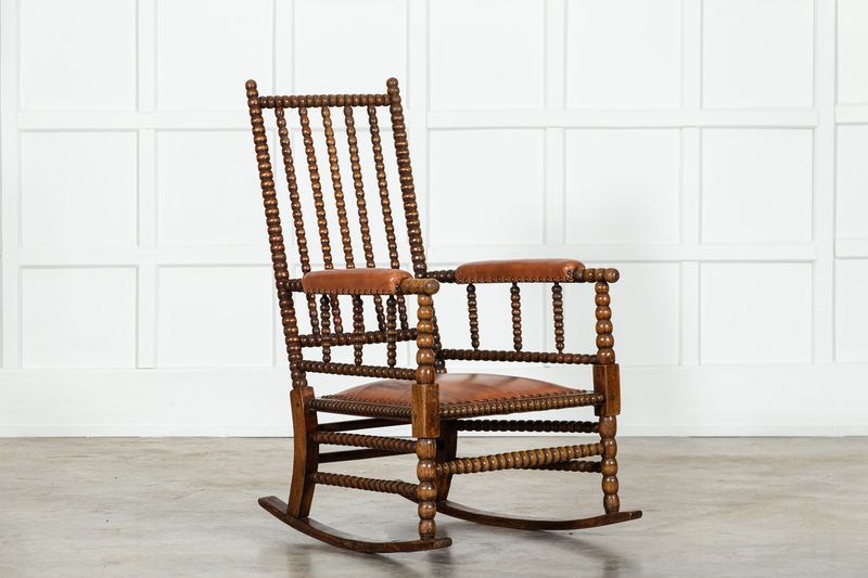 19thC English Mahogany Bobbin Rocking Armchair