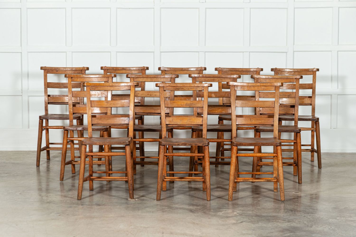 Set 12 19thC Beech & Elm Chapel Chairs