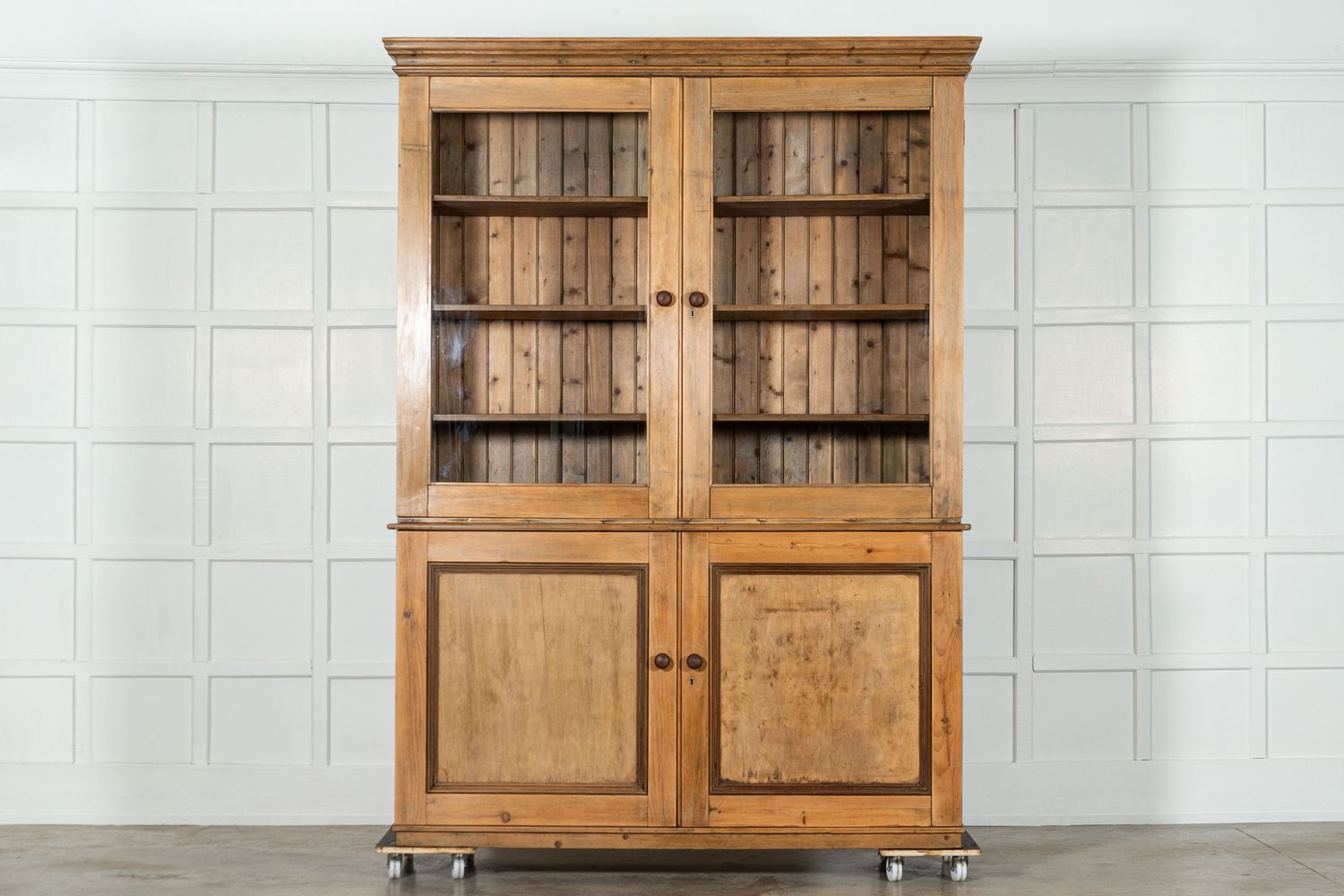 Large 19thC English Pine Glazed Housekeepers / Bookcase