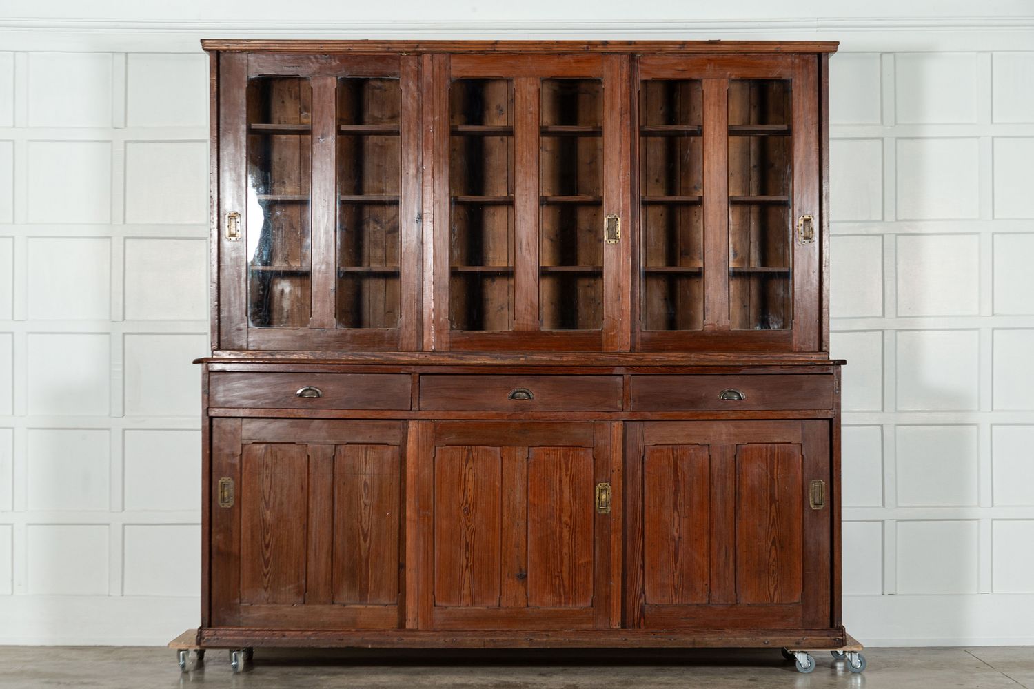 Monumental 19thC English Pine Country House Glazed Dresser