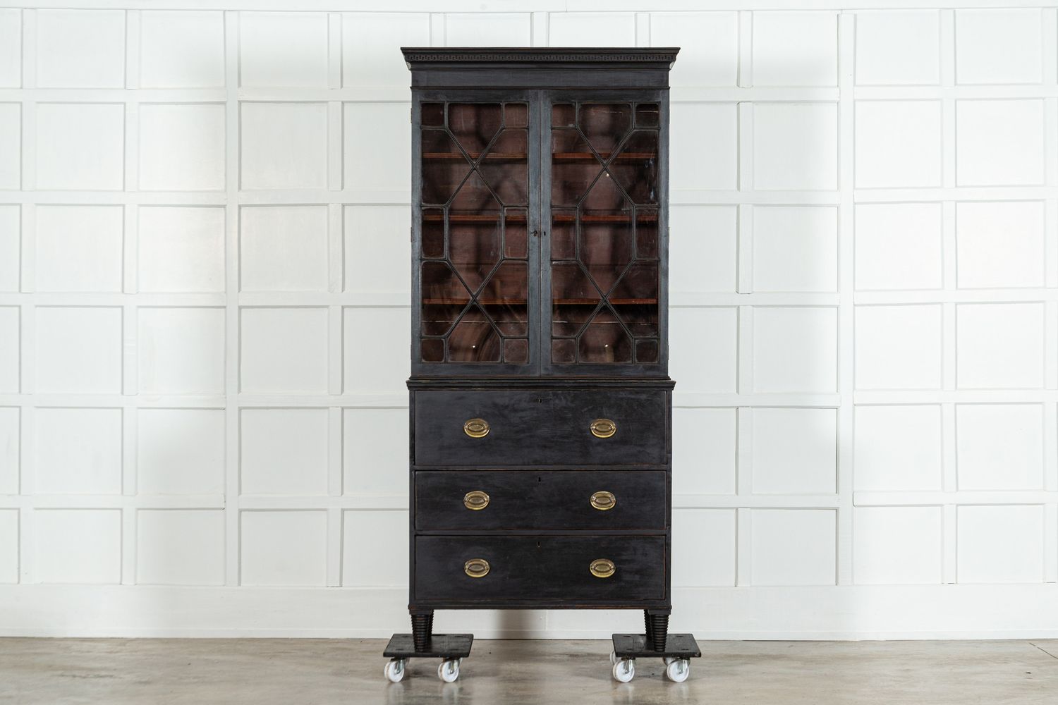 19thC English Glazed Mahogany Ebonised Bookcase Secretaire