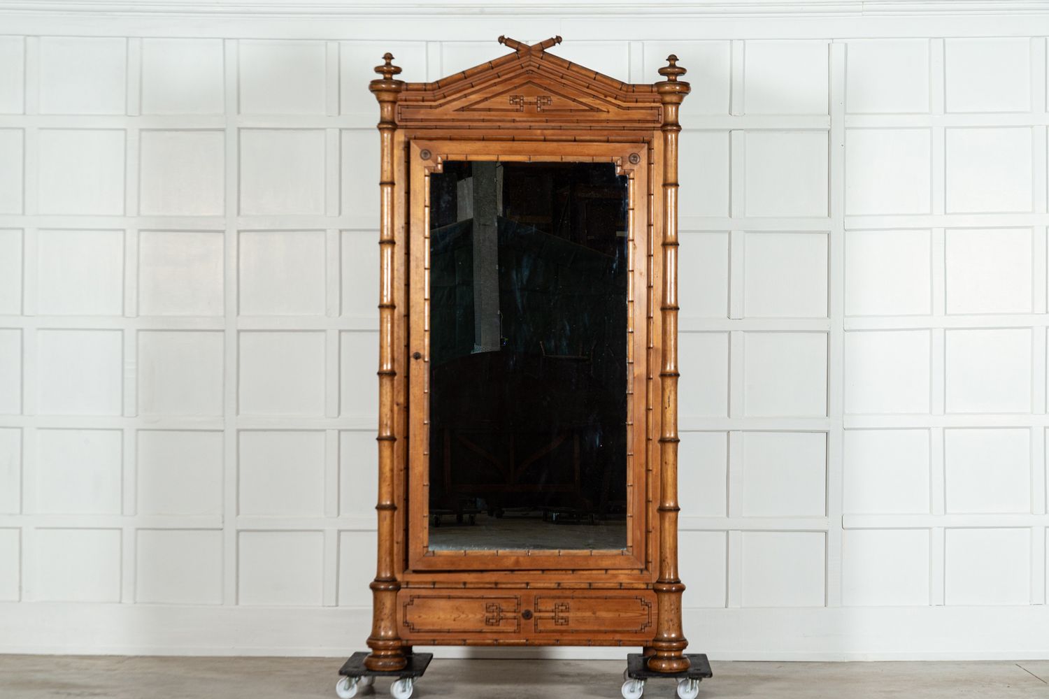 19thC French Bamboo Beech & Pine Mirrored Armoire
