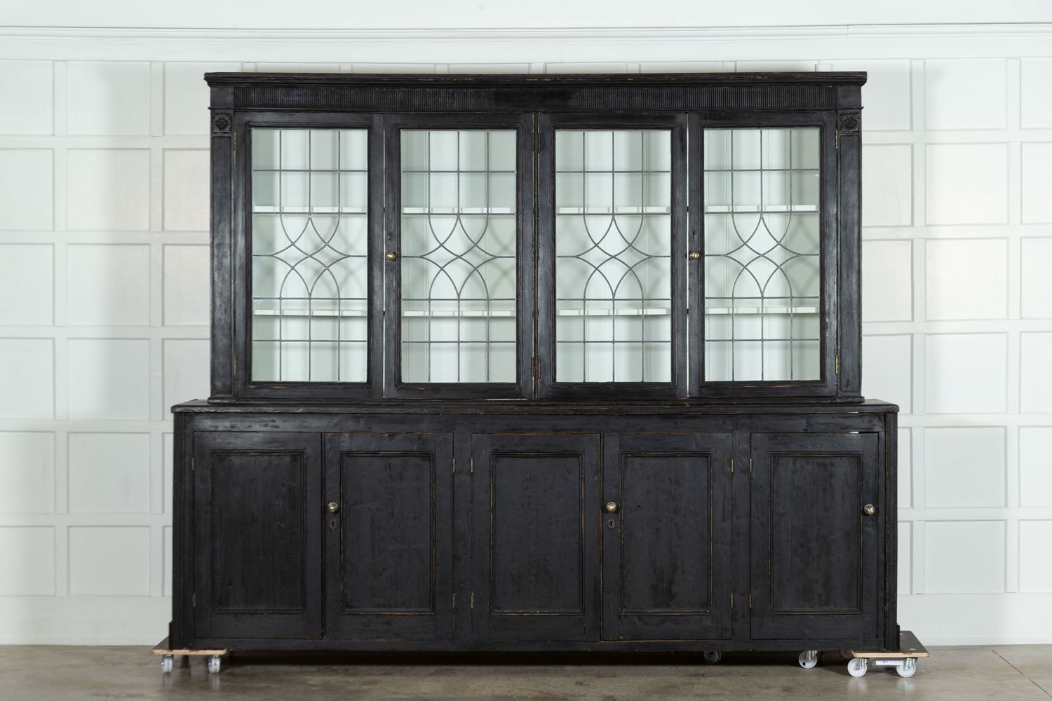 19thC English Monumental Ebonised Pine Glazed Dresser